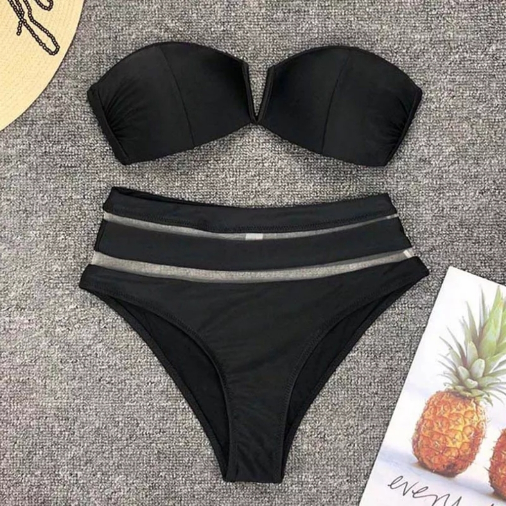 HIGH WAISTED MESH NOTCH FRONT BANDEAU BIKINI Set - Picture 5 of 7